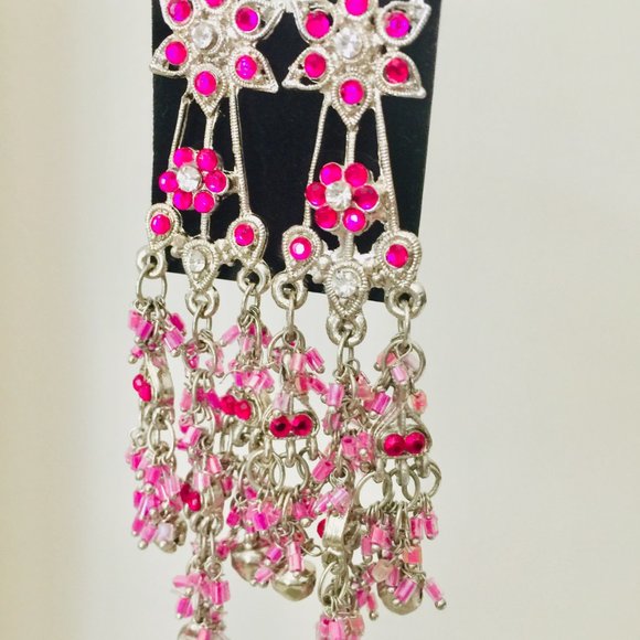 Pink Silver Star Shaped Multi layered Rhinestone Long Earrings - Fashion Jewelry - Picture 3 of 4